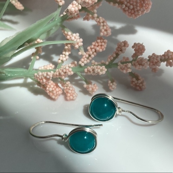 TEAL and Silver Wire Wrapped Minimalist Earrings - Picture 15 of 16